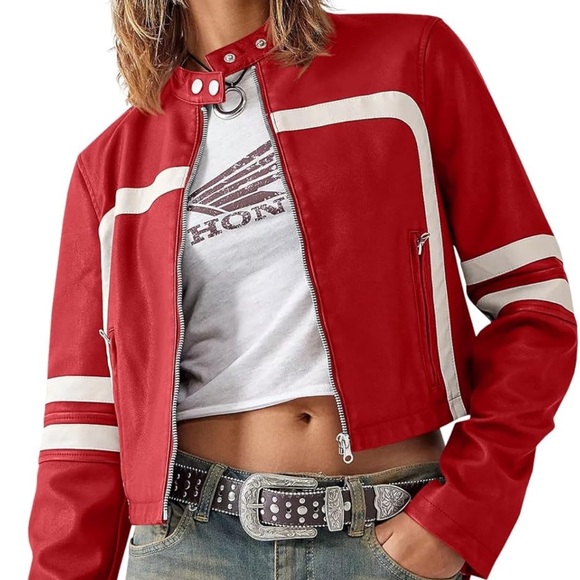 Jackets & Blazers - Red and White Women's Faux Leather Jacket